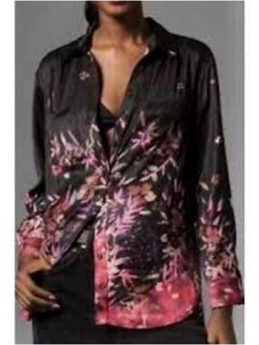 Anthropologie Black & Pink Floral Print Long-Sleeve Blouse Shirt Tunic Womens XL